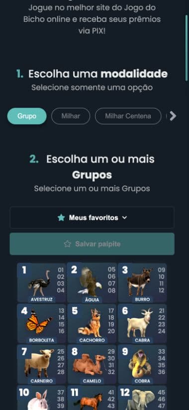 Tela real do jogo do bicho no celular, a partir da escolha da modalidade e com fotos dos animais nos grupos